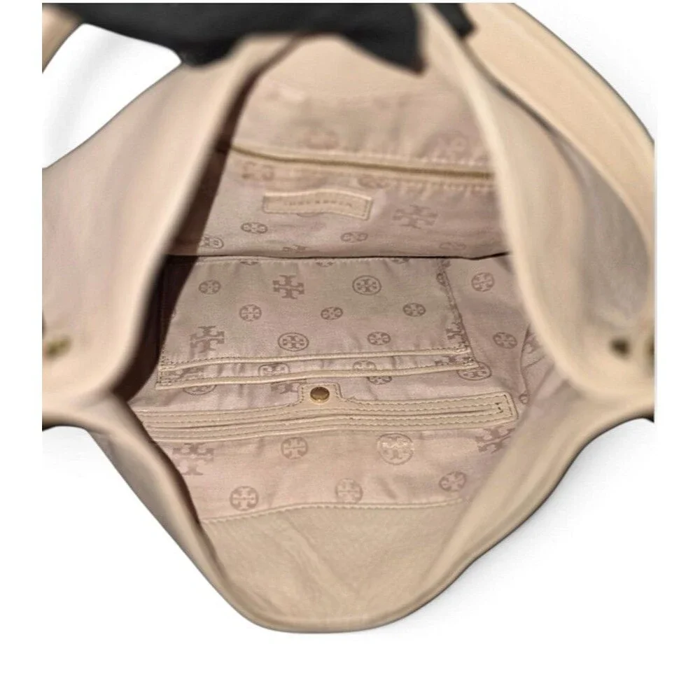 TORY BURCH Plaque Hobo Bag Blush Pebbled Leather Shoulder Purse Beige